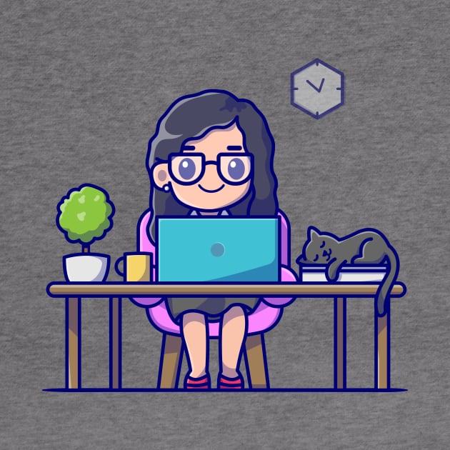 Cute Girl Working On Laptop With Cat Cartoon by Catalyst Labs